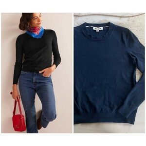 Boden Catriona Pointelle Trim Cotton Crewneck Sweater Size Small Navy Blue